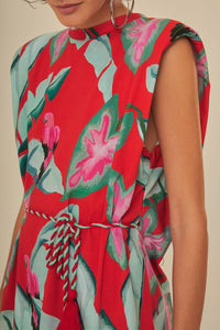 Robe courte Feuillage d'été en coton - Rouge