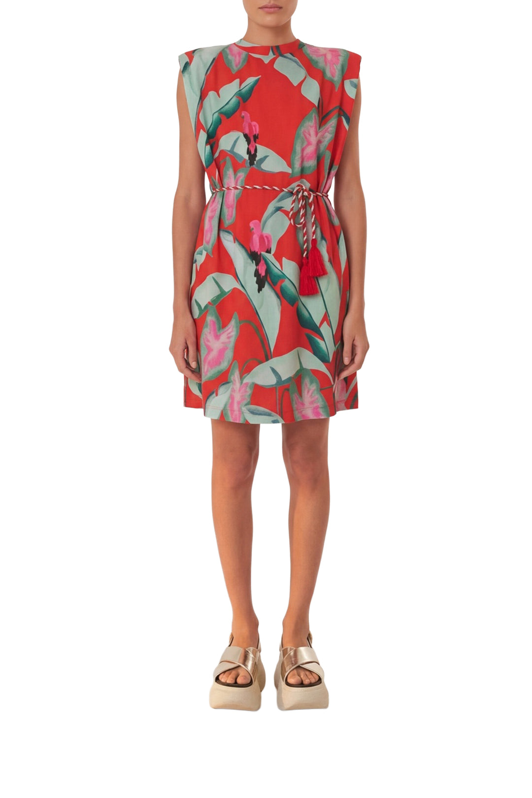 Robe courte Feuillage d'été en coton - Rouge