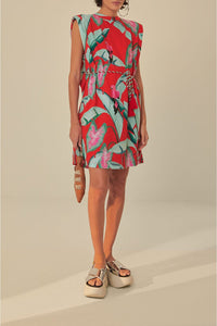 Robe courte Feuillage d'été en coton - Rouge