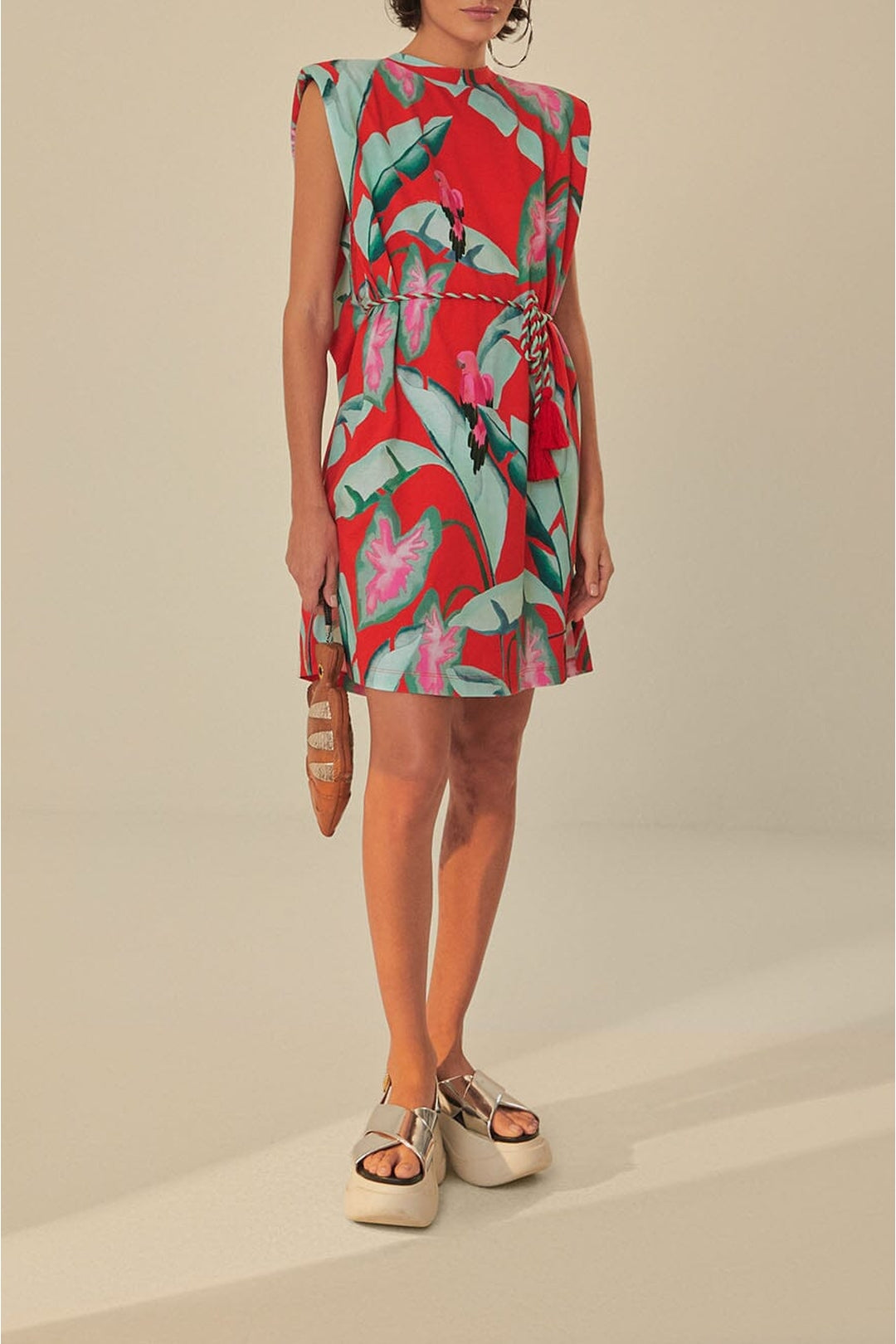 Robe courte Feuillage d'été en coton - Rouge
