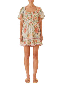 Robe courte Bloom Garden à manches courtes en coton - Blanc