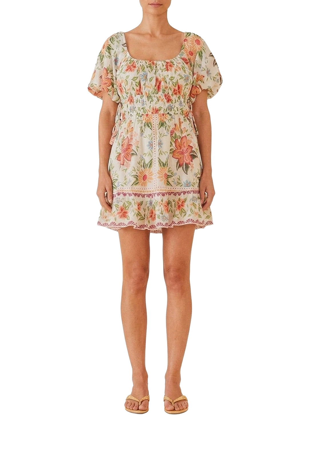 Robe courte Bloom Garden à manches courtes en coton - Blanc