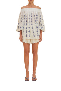 Graphic Fishes bare-shoulder cotton blouse - White