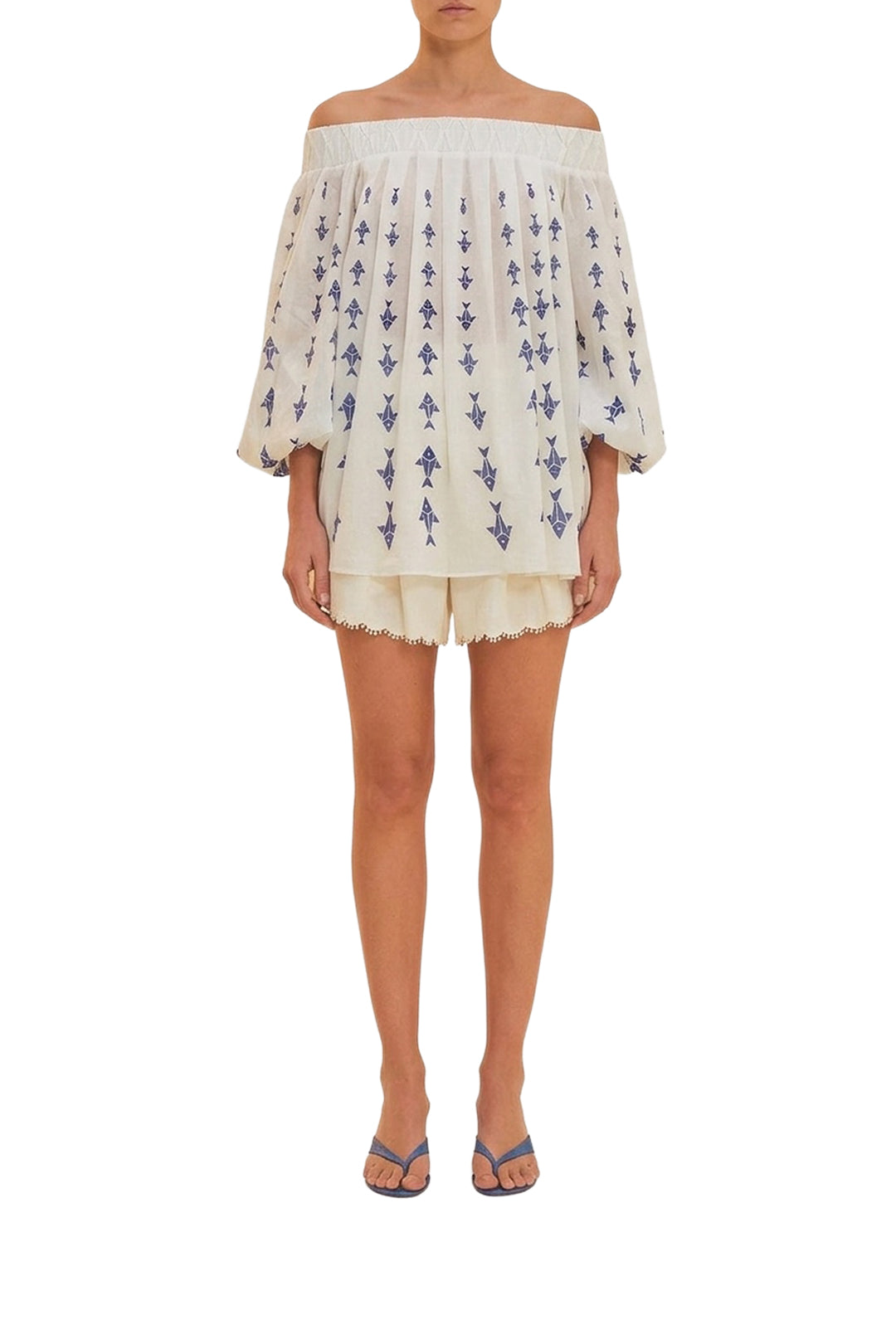 Graphic Fishes bare-shoulder cotton blouse - White
