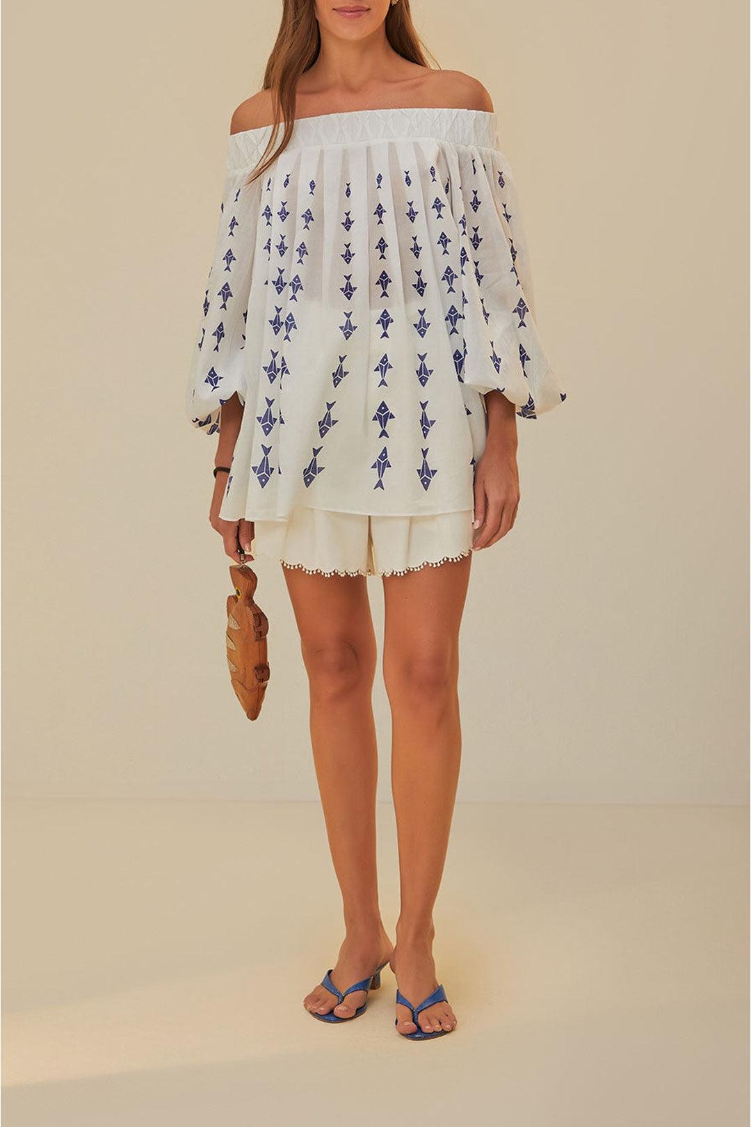 Graphic Fishes bare-shoulder cotton blouse - White