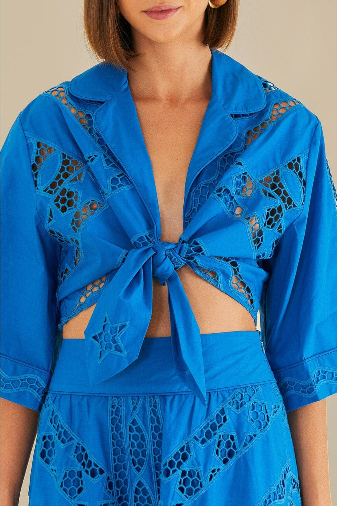 Blouse Richelieu à manches longues en coton - Bleu