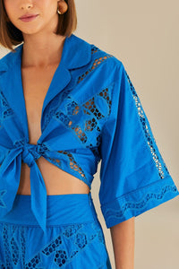 Blouse Richelieu à manches longues en coton - Bleu