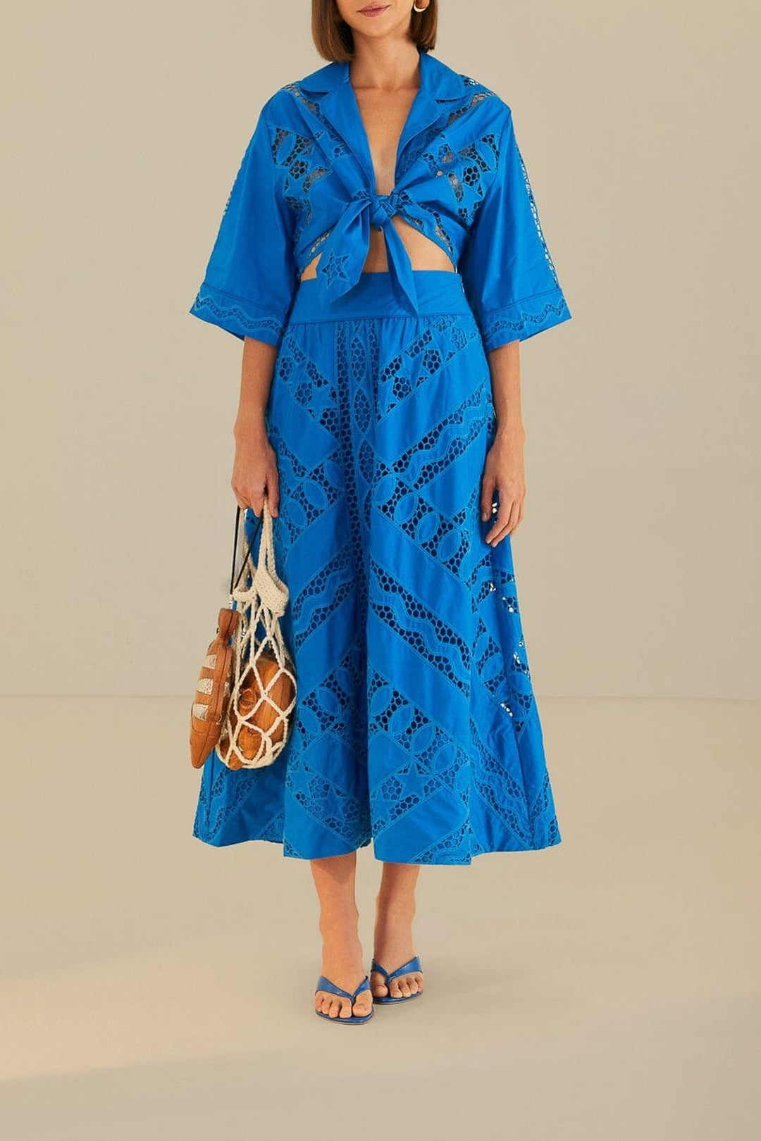 Blouse Richelieu à manches longues en coton - Bleu
