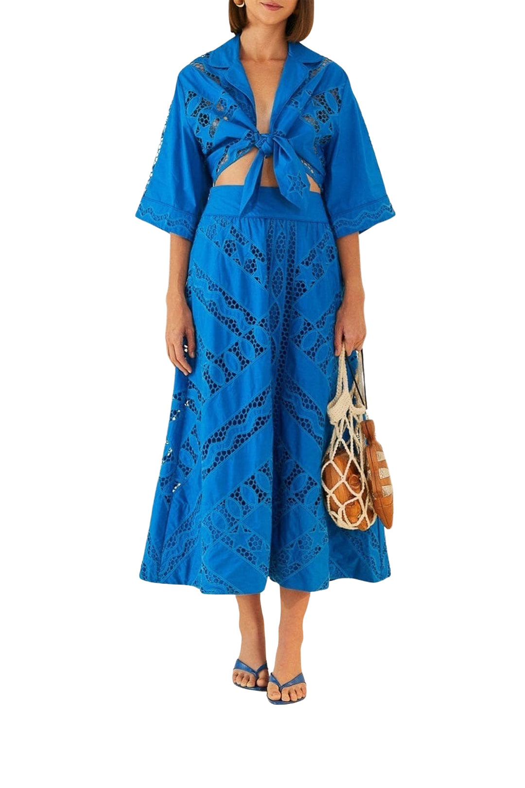 Blouse Richelieu à manches longues en coton - Bleu
