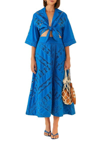Blouse Richelieu à manches longues en coton - Bleu