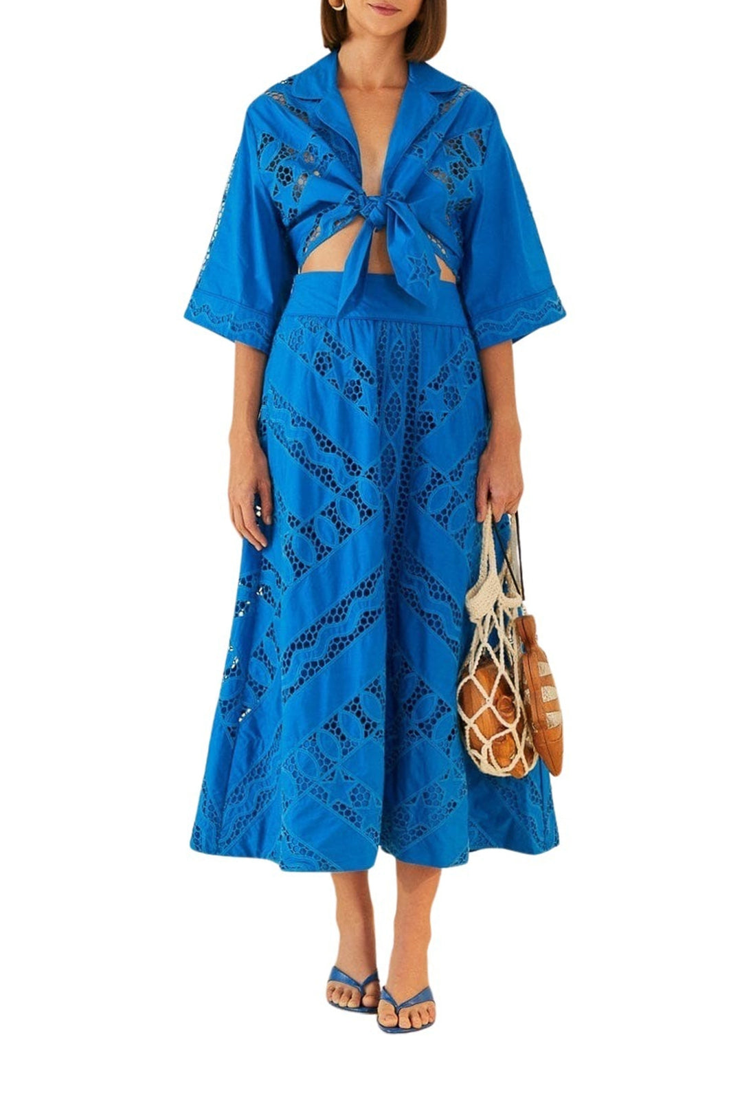 Blouse Richelieu à manches longues en coton - Bleu