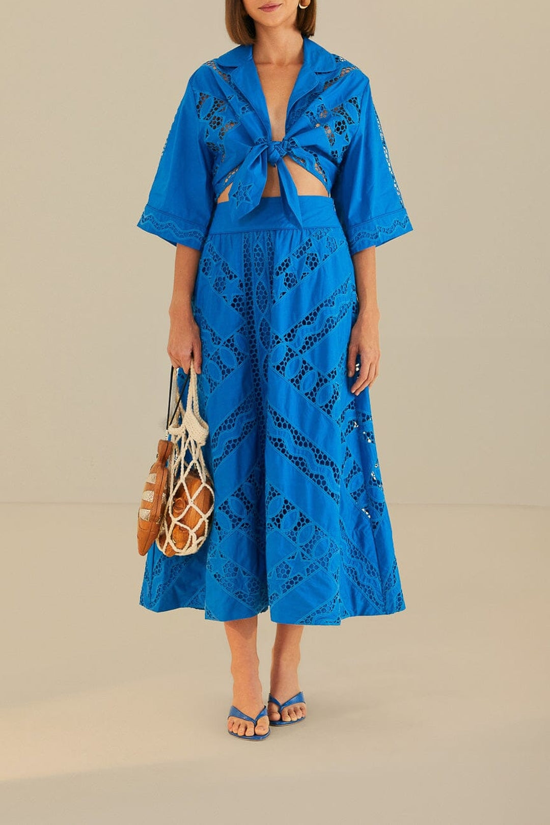 Jupe midi Richelieu rayée en coton - Bleu