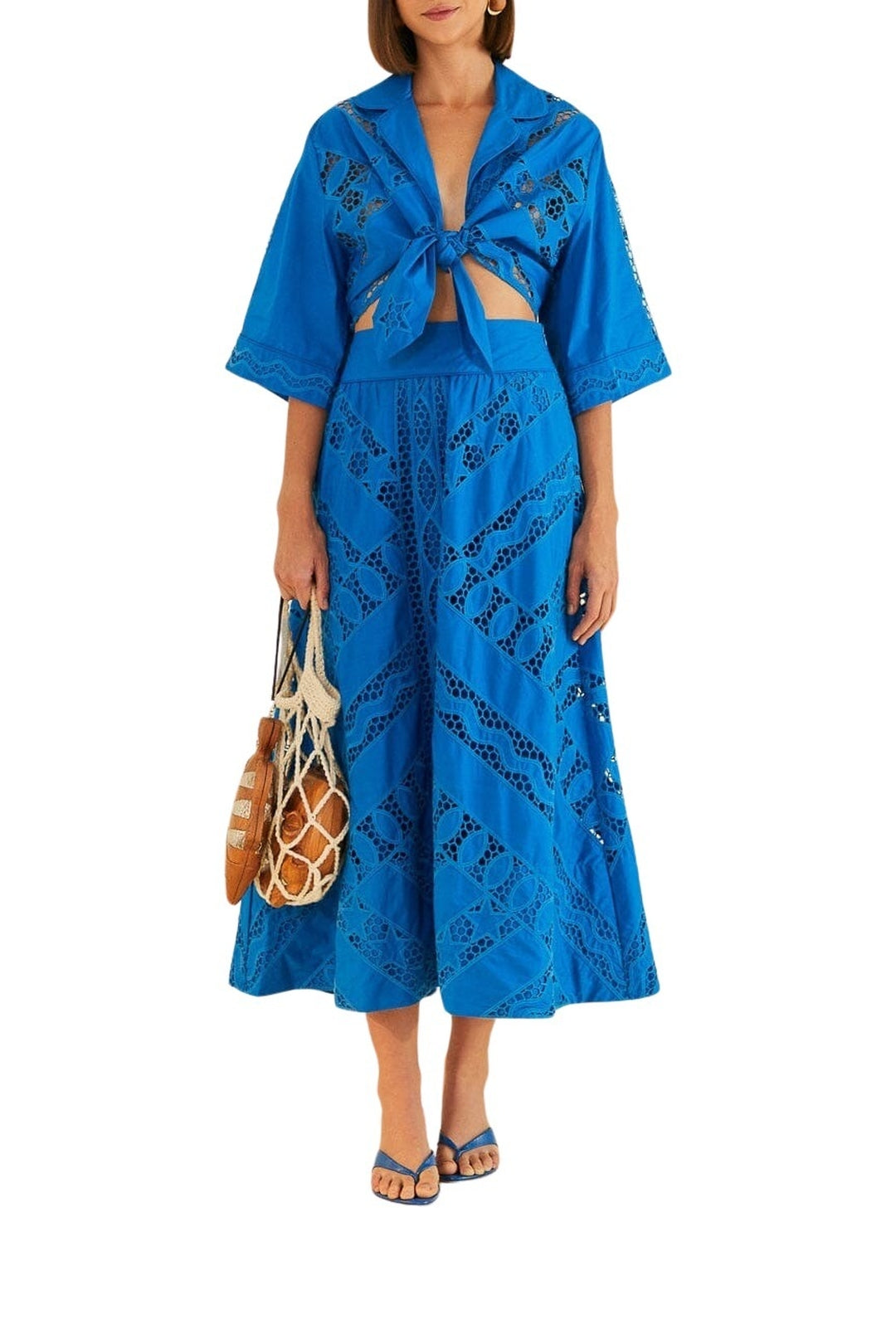 Jupe midi Richelieu rayée en coton - Bleu