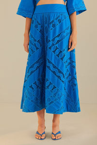 Jupe midi Richelieu rayée en coton - Bleu