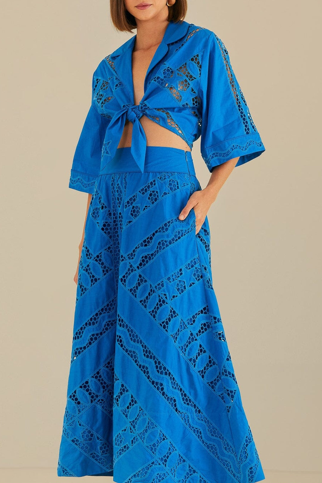 Jupe midi Richelieu rayée en coton - Bleu