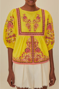 Blouse brodée Garden Tapestry en coton - Jaune