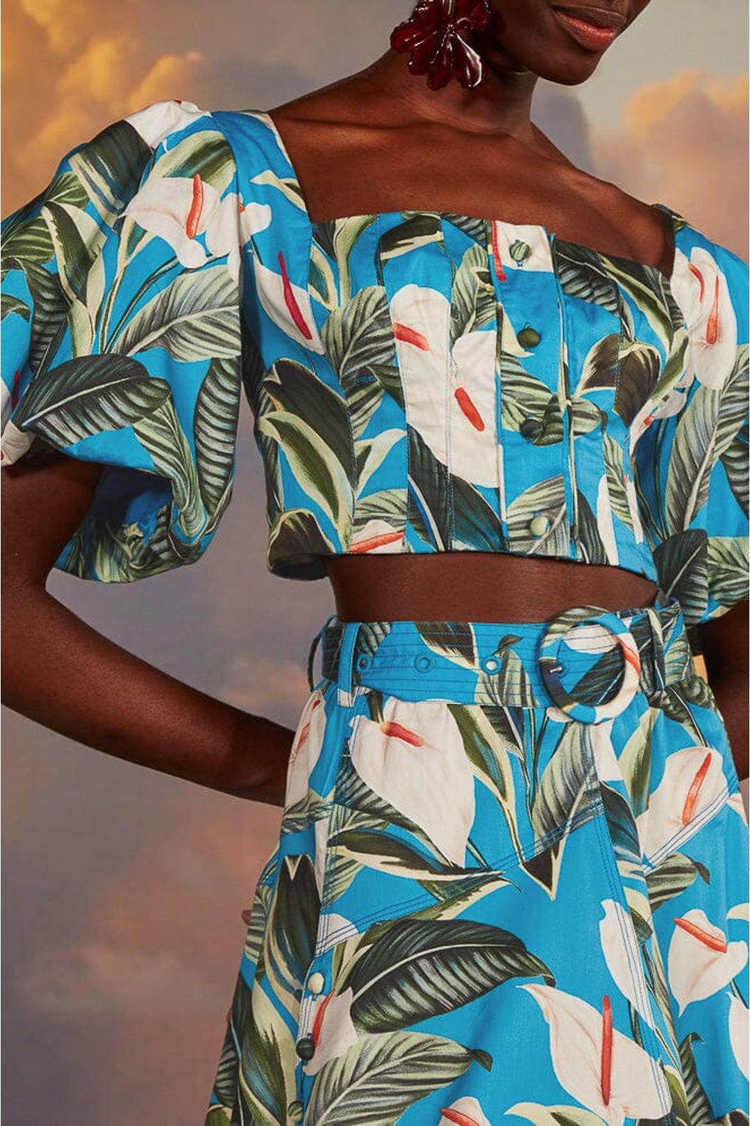 Blouse courte Garden Anthurium en coton - Bleu