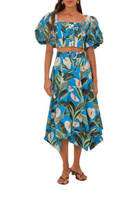Jupe midi asymétrique Jardin anthurium en coton - Bleu