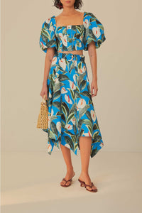 Blouse courte Garden Anthurium en coton - Bleu