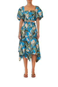 Blouse courte Garden Anthurium en coton - Bleu