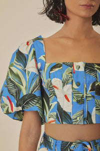 Blouse courte Garden Anthurium en coton - Bleu