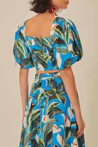 Blouse courte Garden Anthurium en coton - Bleu