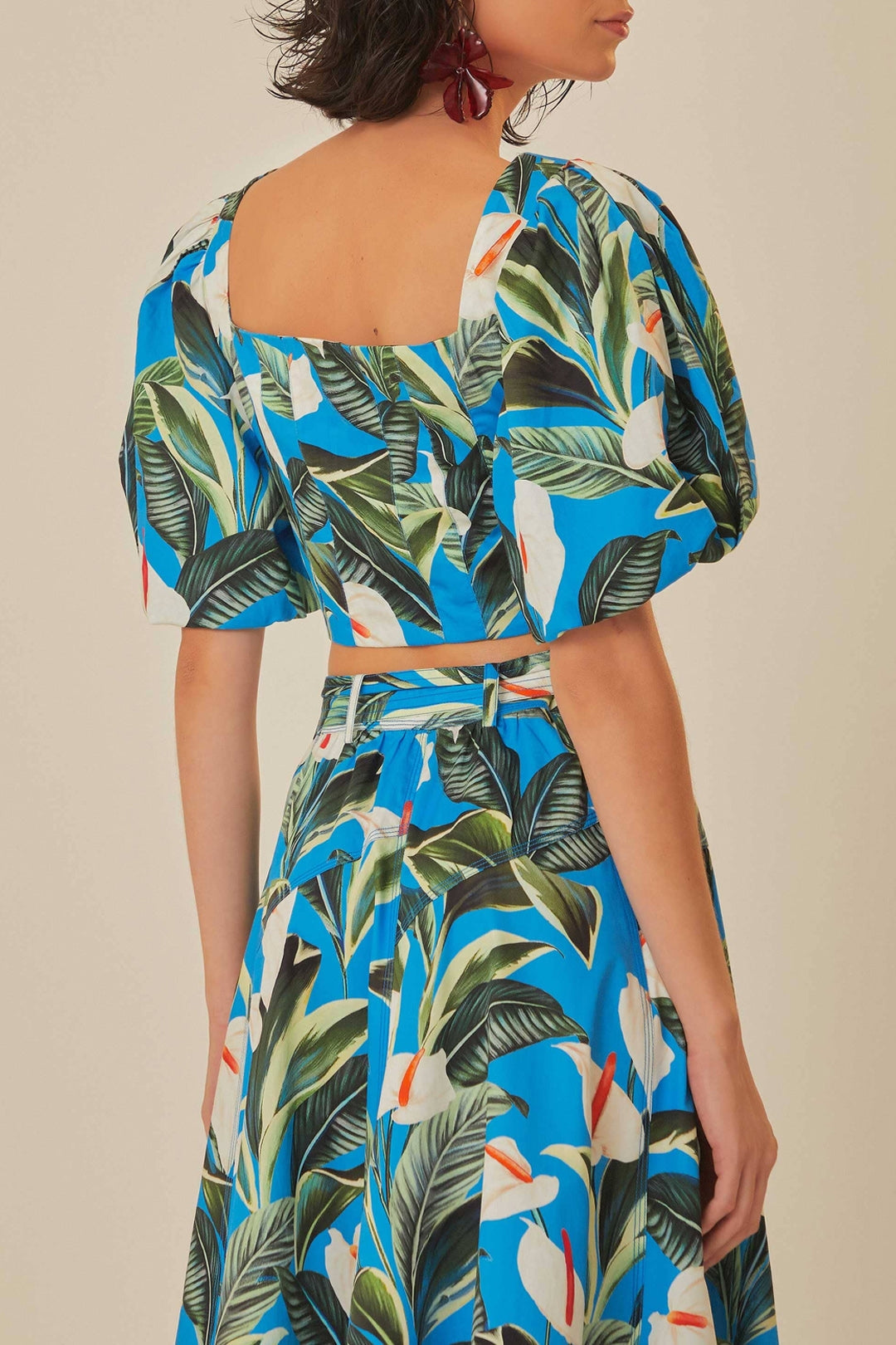 Blouse courte Garden Anthurium en coton - Bleu