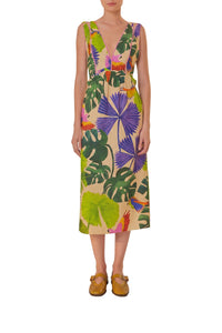 Robe midi Macaw Jungle à col V en lin - Beige