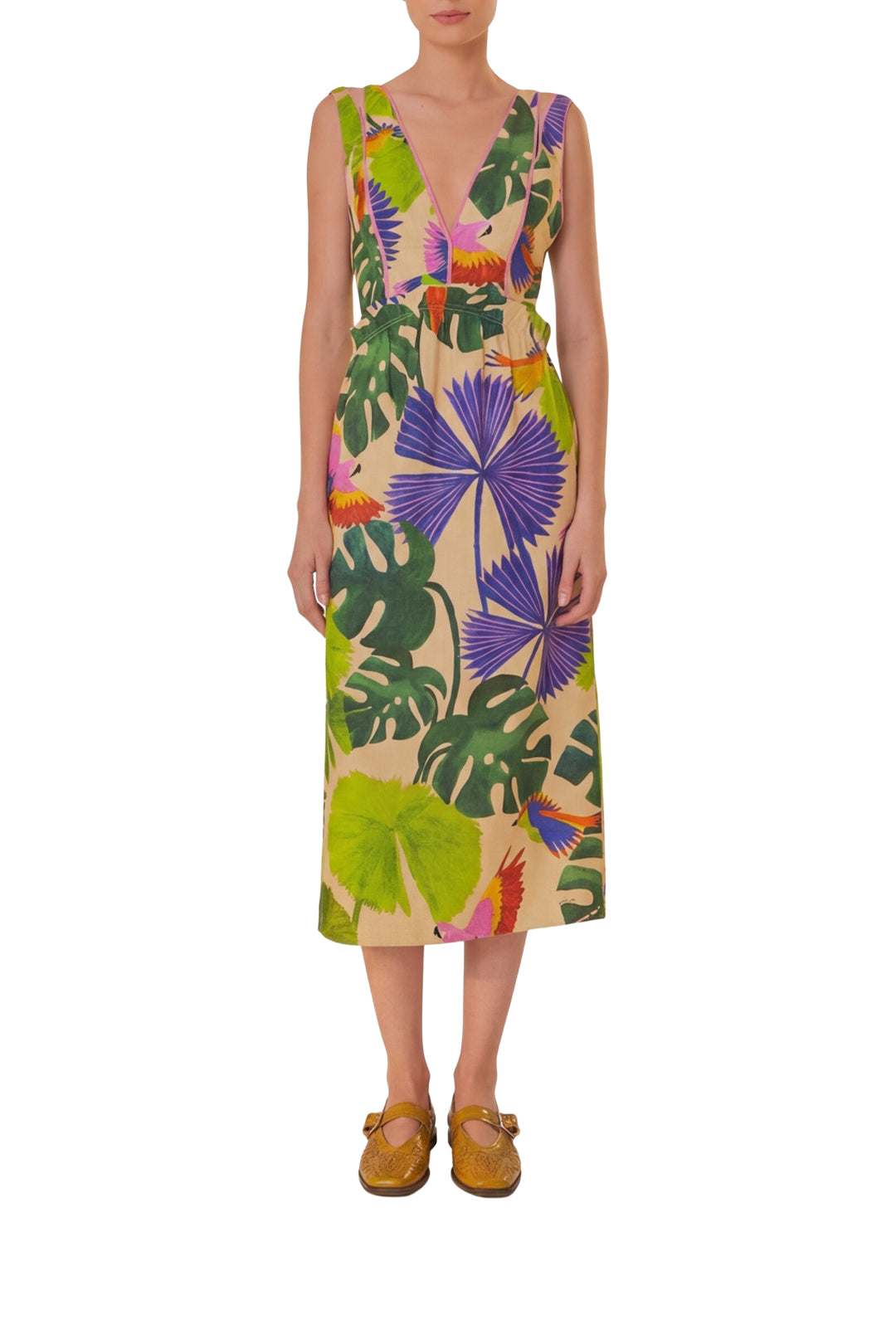Robe midi Macaw Jungle à col V en lin - Beige