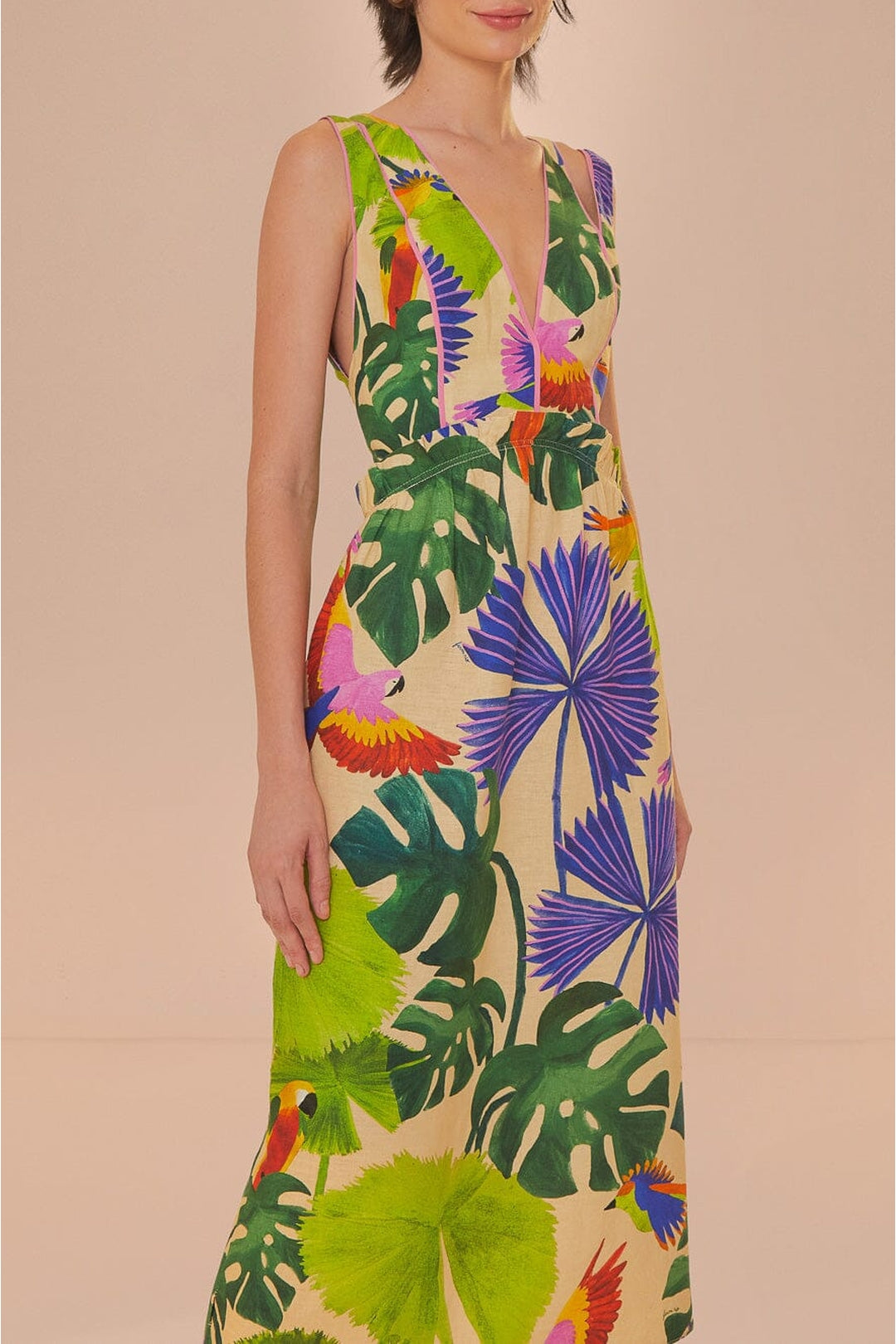Robe midi Macaw Jungle à col V en lin - Beige