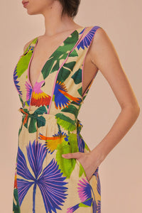 Robe midi Macaw Jungle à col V en lin - Beige