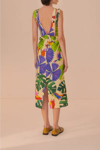 Robe midi Macaw Jungle à col V en lin - Beige