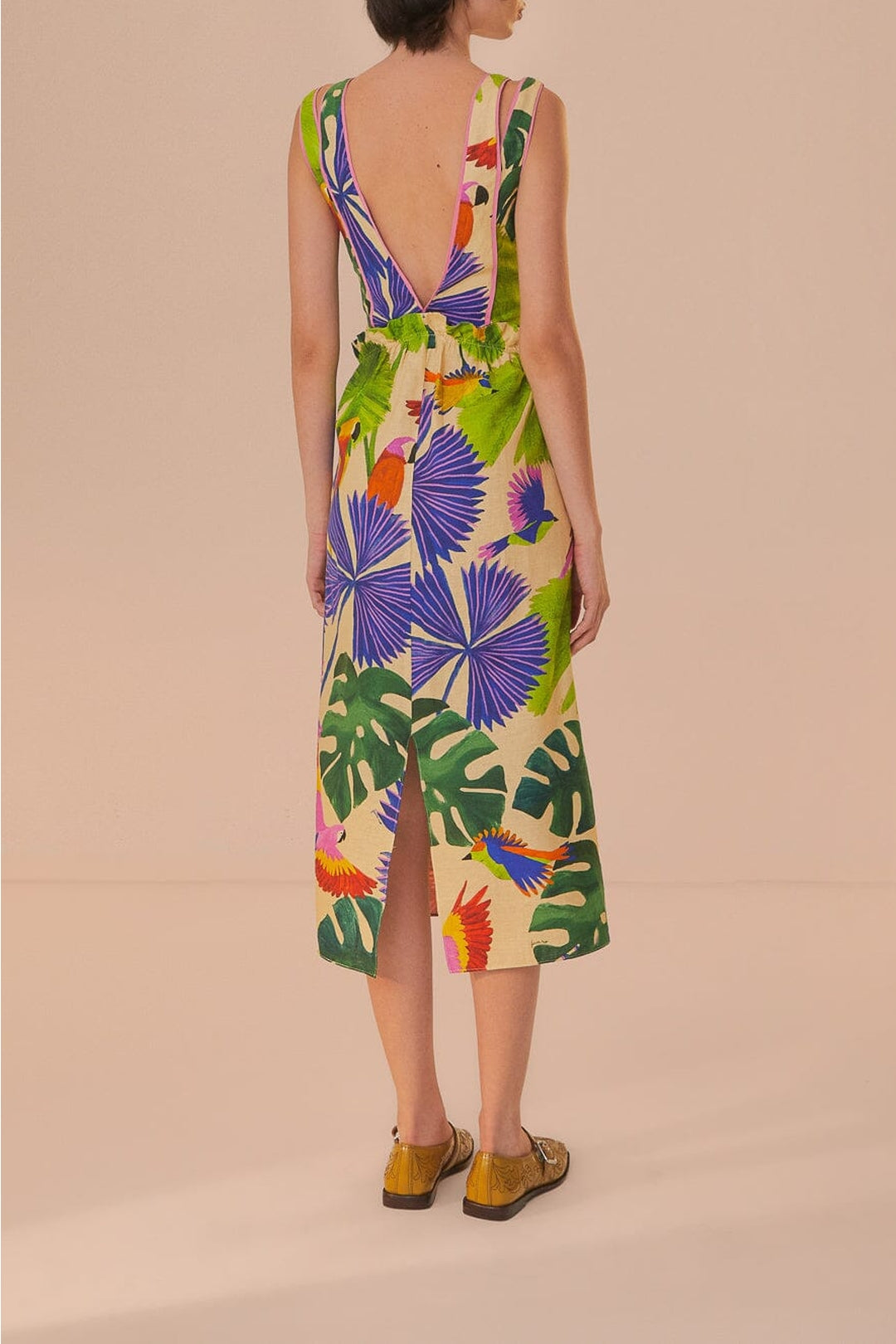 Robe midi Macaw Jungle à col V en lin - Beige