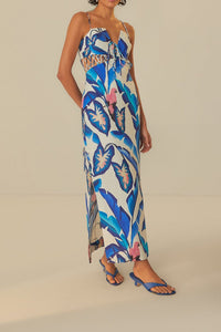 Robe longue à motif feuillage en lin - Bleu