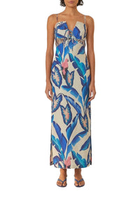 Robe longue à motif feuillage en lin - Bleu