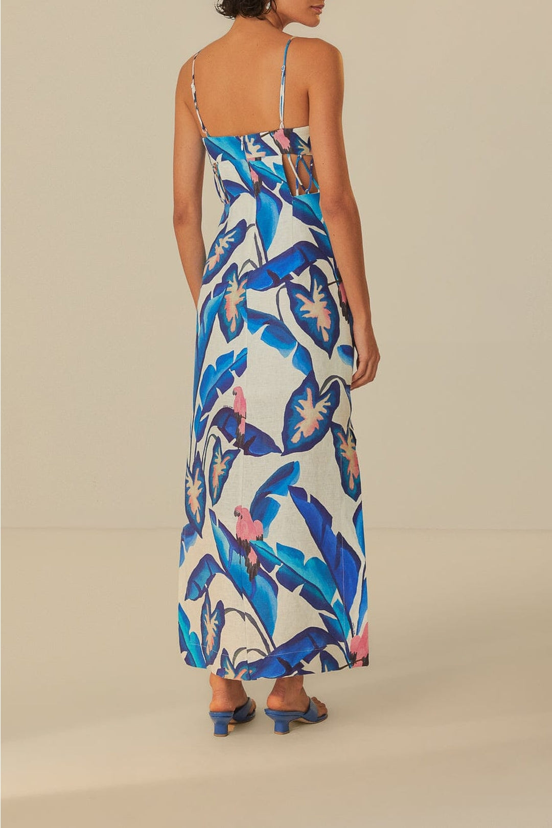 Robe longue à motif feuillage en lin - Bleu