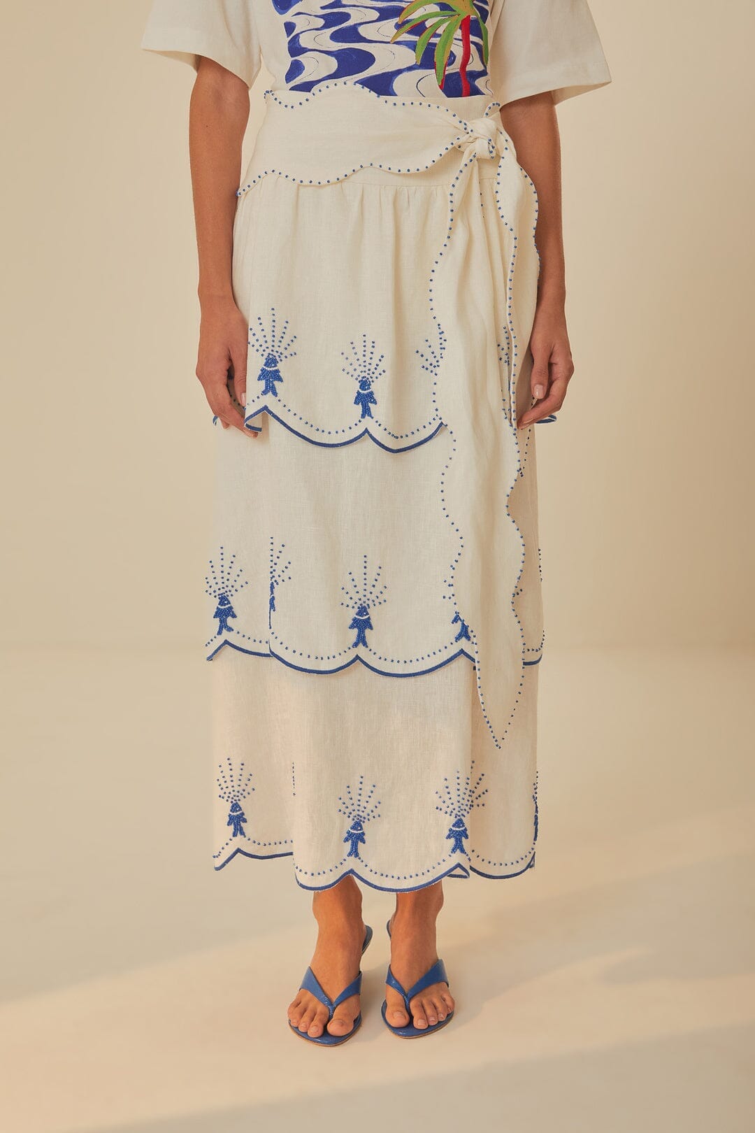 Jupe midi Sea Of Fish en lin - Blanc