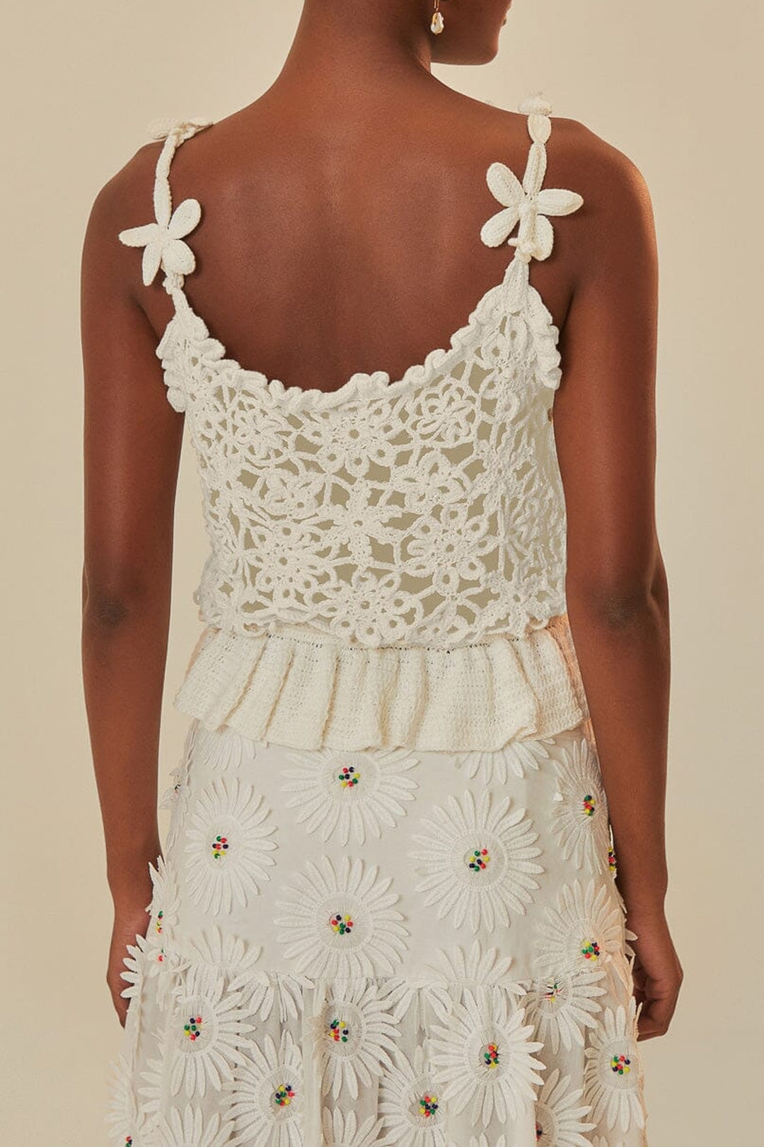 Top à fleurs crocheté en coton - Blanc