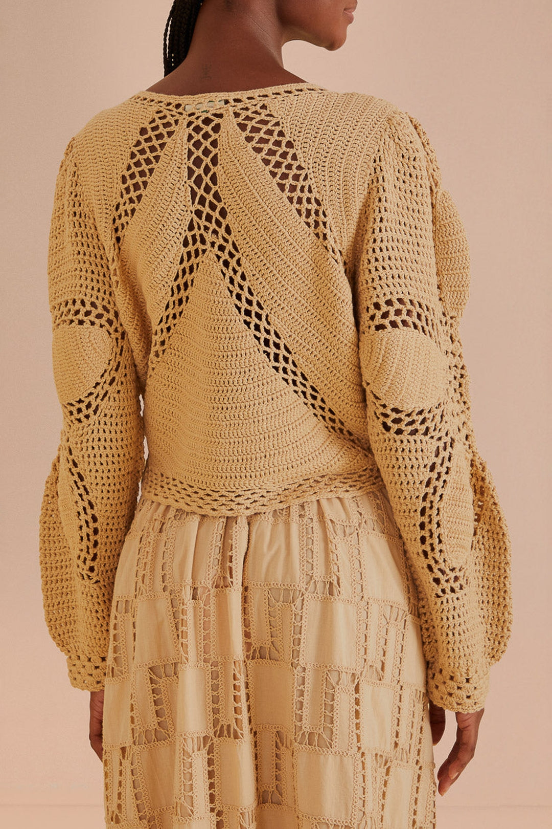 Cardigan crocheté à fleurs - Beige