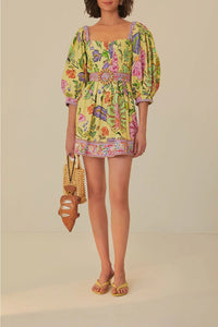 Robe courte manches courtes en coton - Jaune