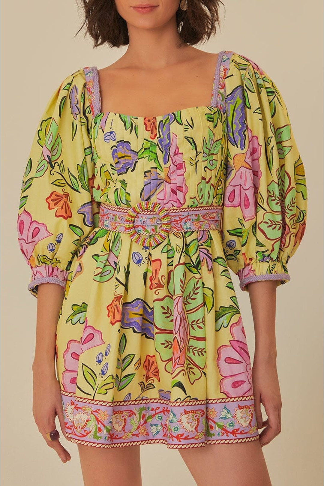 Robe courte manches courtes en coton - Jaune