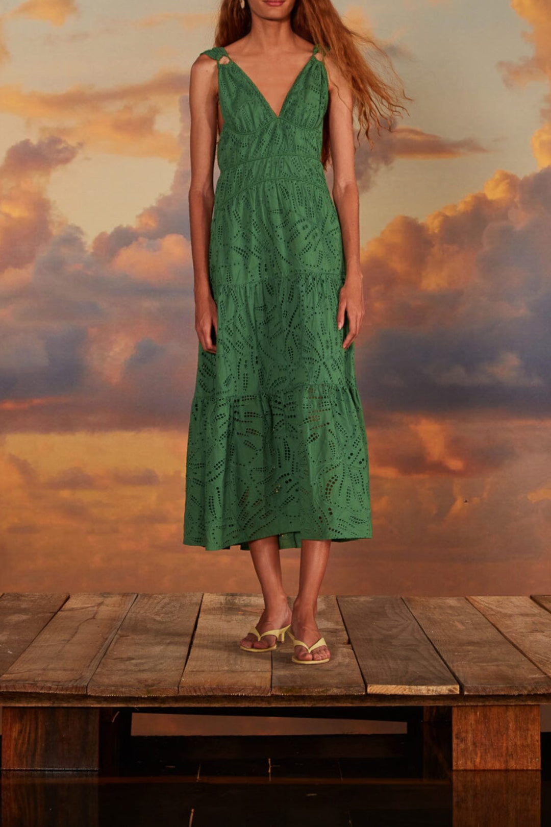 Robe midi à volants et corsage en coton - Vert