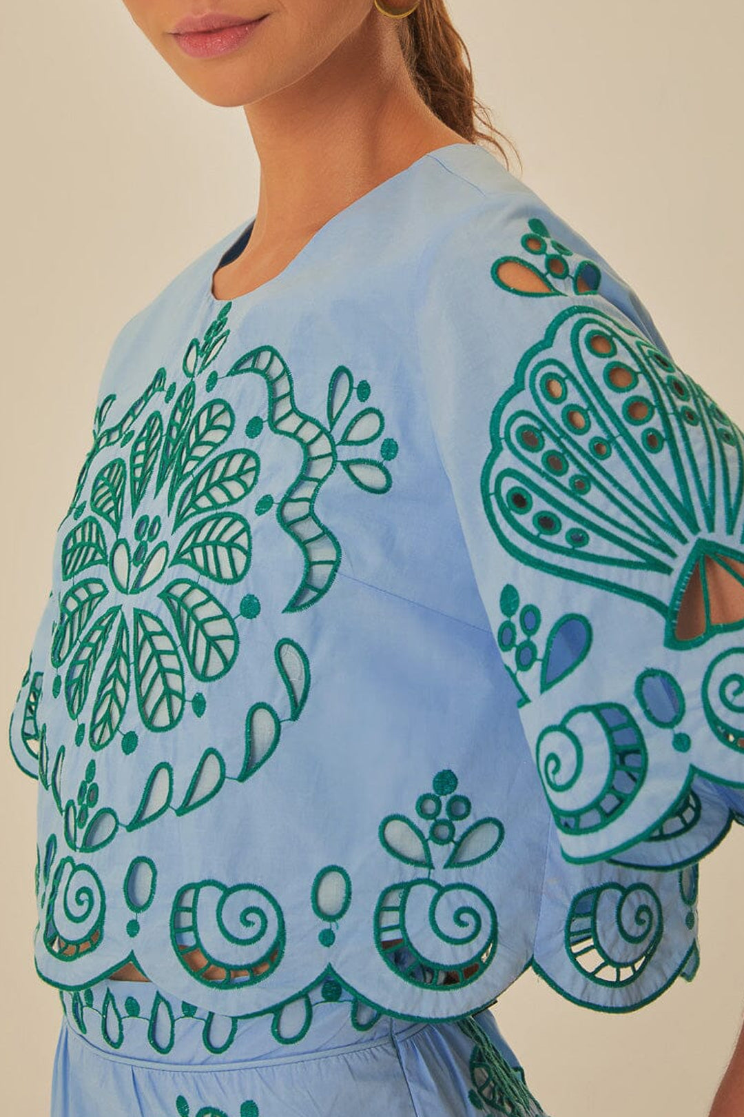 Blouse courte Richelieu à motif en coton - Bleu