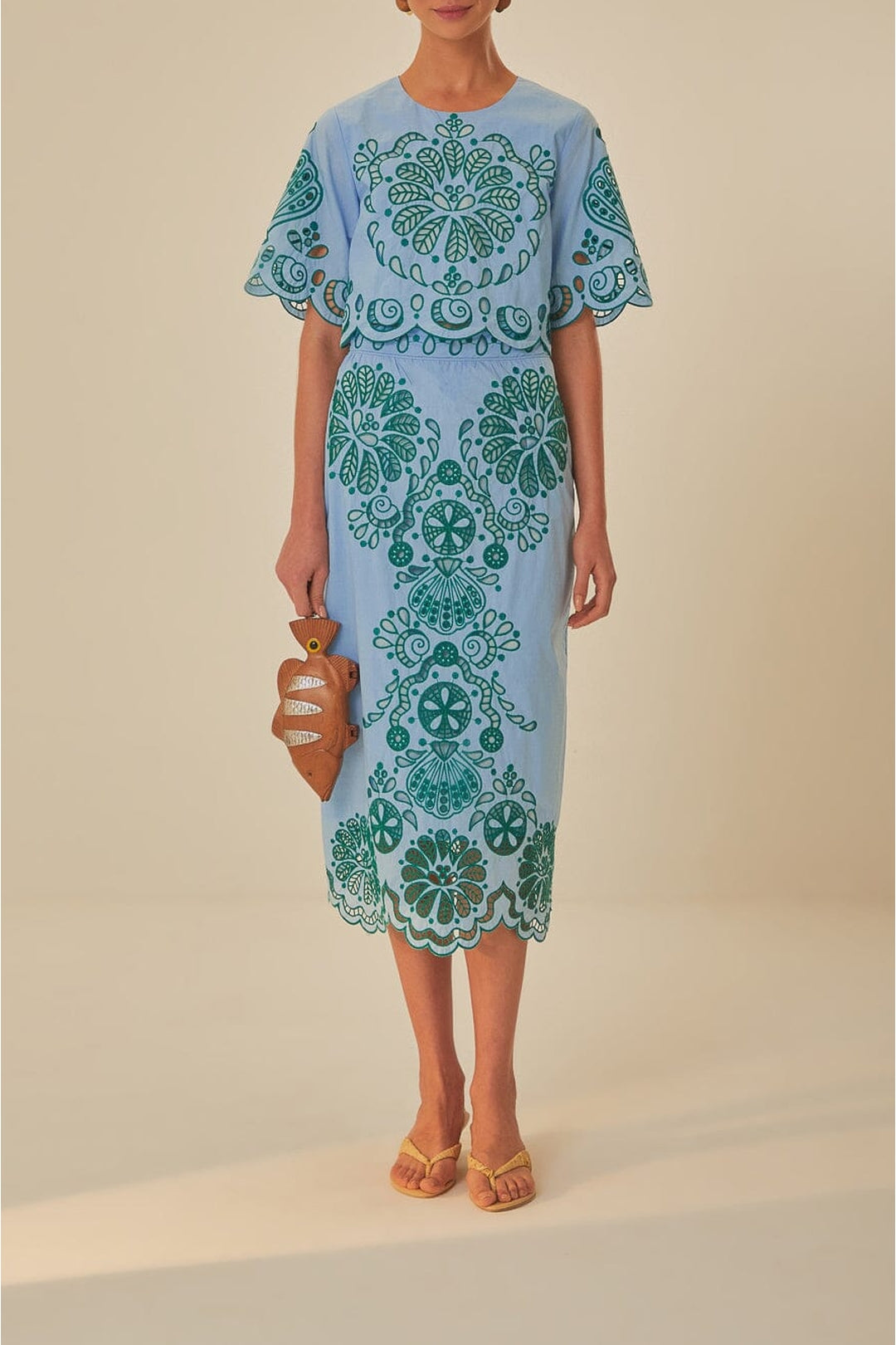 Blouse courte Richelieu à motif en coton - Bleu