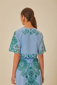 Blouse courte Richelieu à motif en coton - Bleu