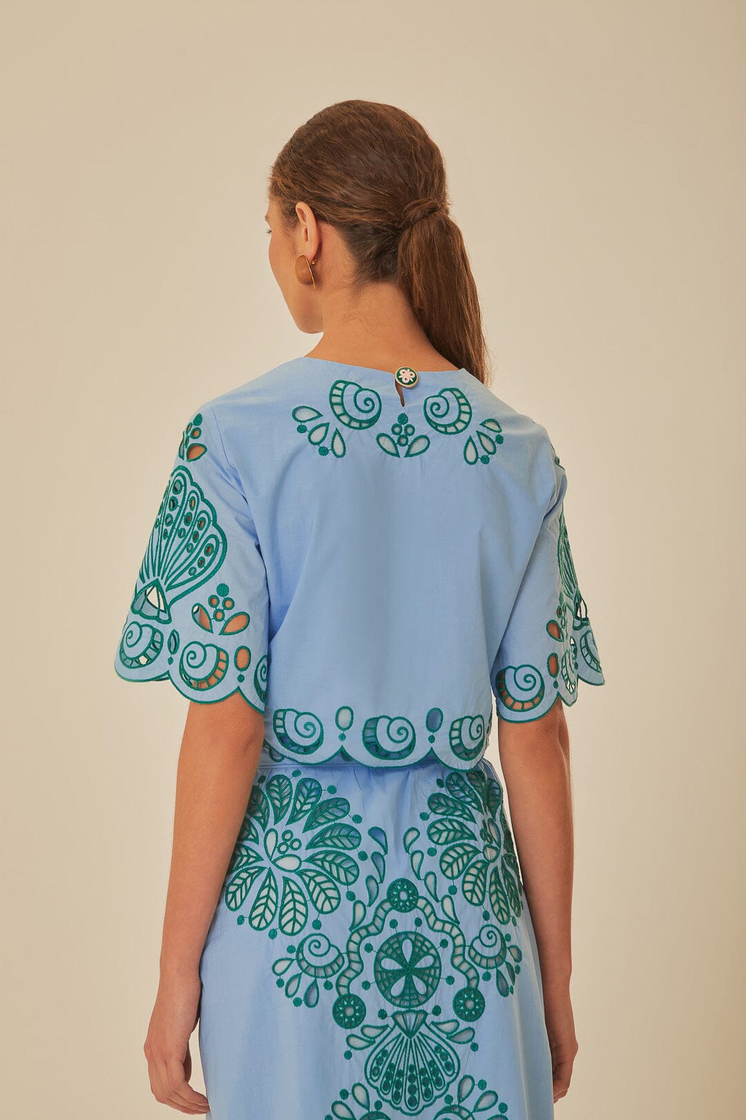 Blouse courte Richelieu à motif en coton - Bleu