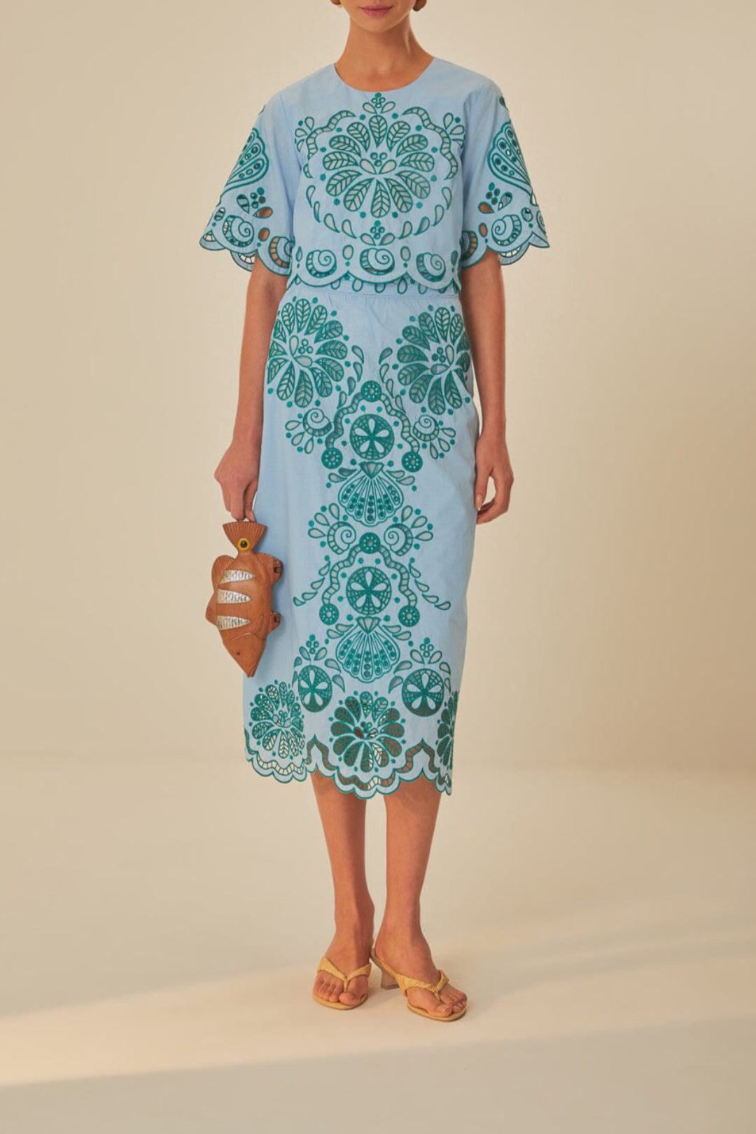Jupe midi Richelieu à motif graphique en coton - Bleu