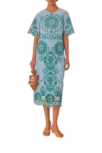 Jupe midi Richelieu à motif graphique en coton - Bleu