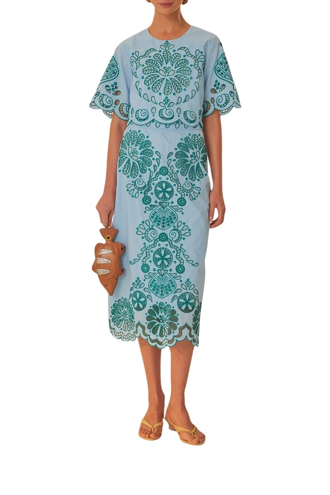 Jupe midi Richelieu à motif graphique en coton - Bleu
