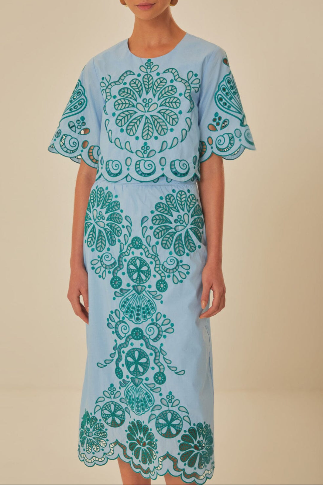 Jupe midi Richelieu à motif graphique en coton - Bleu